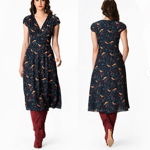 eShakti Wayward Fancies Fox Floral Print Crepe Banded Empire Dress size small/4 - Picture 2 of 8